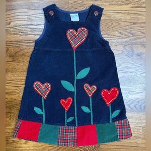 Vintage Samara Girls Navy Corduroy Plaid Jumper Heart Appliqué Embroidered Dress